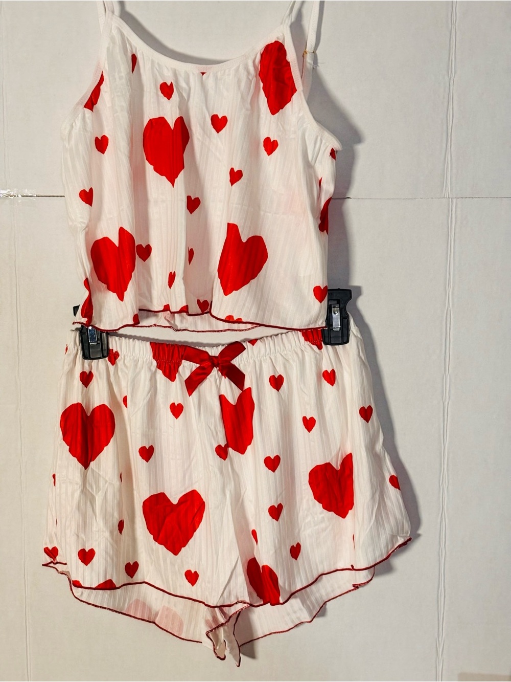 White Heart Print Two-Piece Pajama Set with Red Hearts